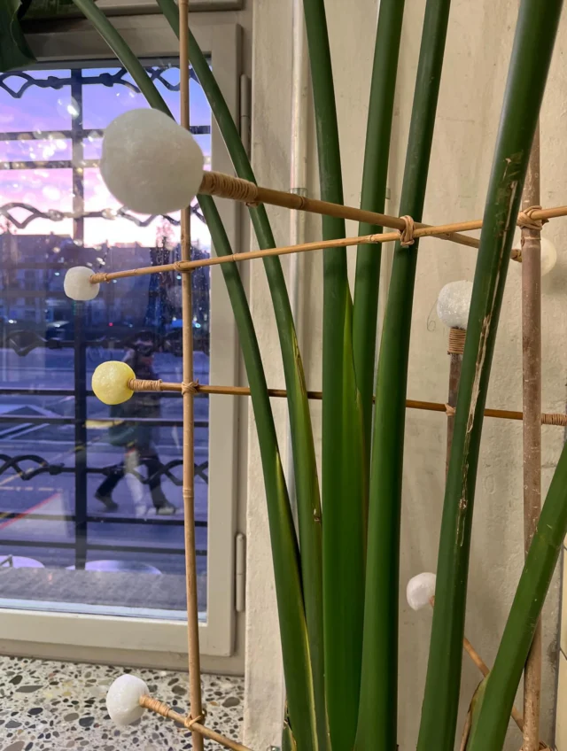 Die Gestaltung fügt sich harmonisch in den Raum ein, da Materialien und Farben – Bambusstäbe und Drahtschnur – Bezüge zum Bambustopf herstellen. Kugeln an den Spitzen sowie die gekreuzte Anordnung der Stäbe greifen Formen und Elemente der Lampen auf und verbinden das Objekt stimmig mit seiner Umgebung. #upcycling #pflanzenliebe🌱